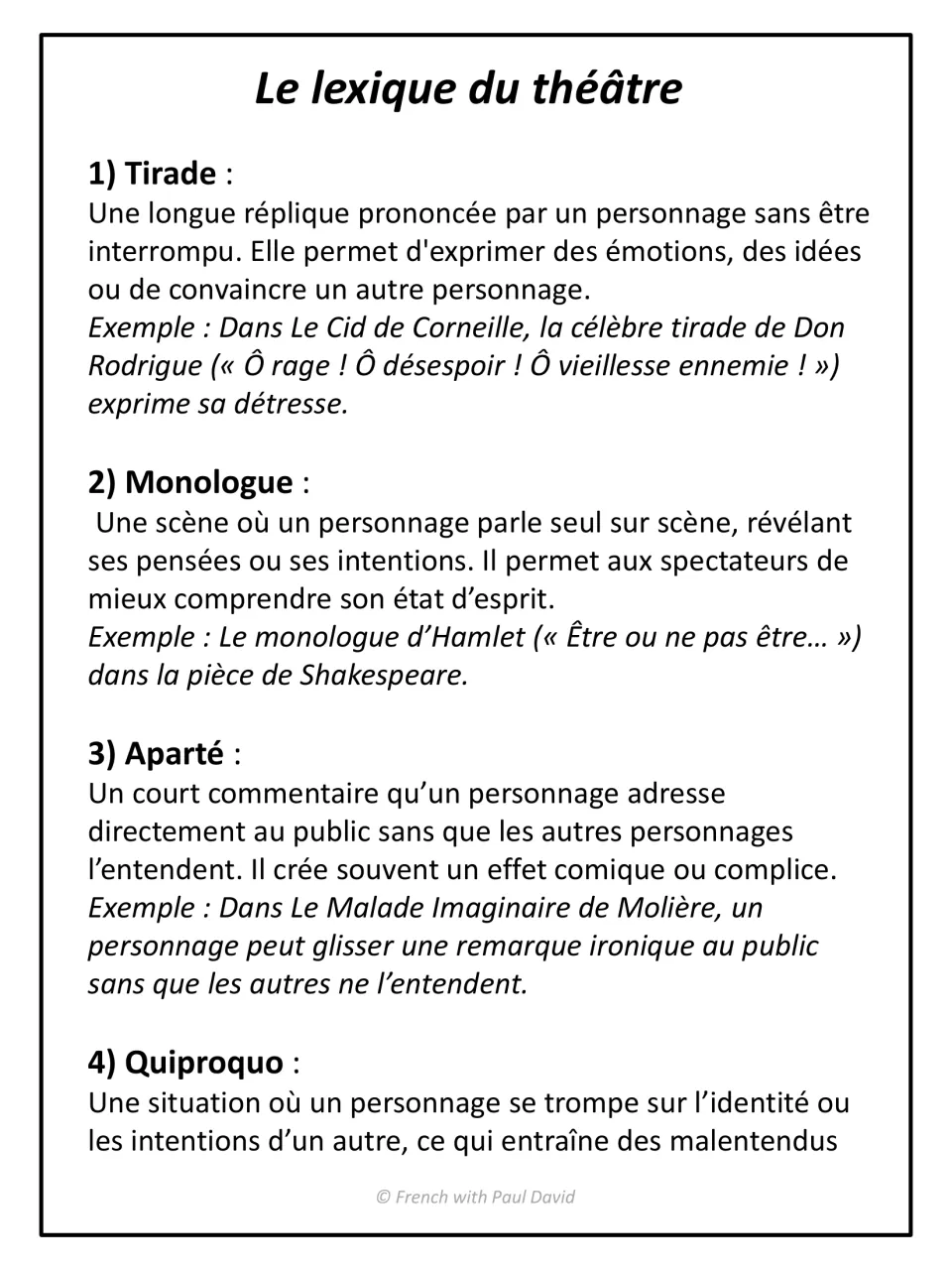 French theatre glossary, terms 1-4: tirade, monologue, aparté and quiproquo defined with examples from Corneille and Molière