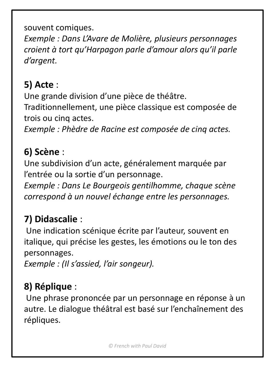 Theatre vocabulary, terms 5-8: acte, scène, didascalie and réplique defined in French, with examples from Racine and Molière