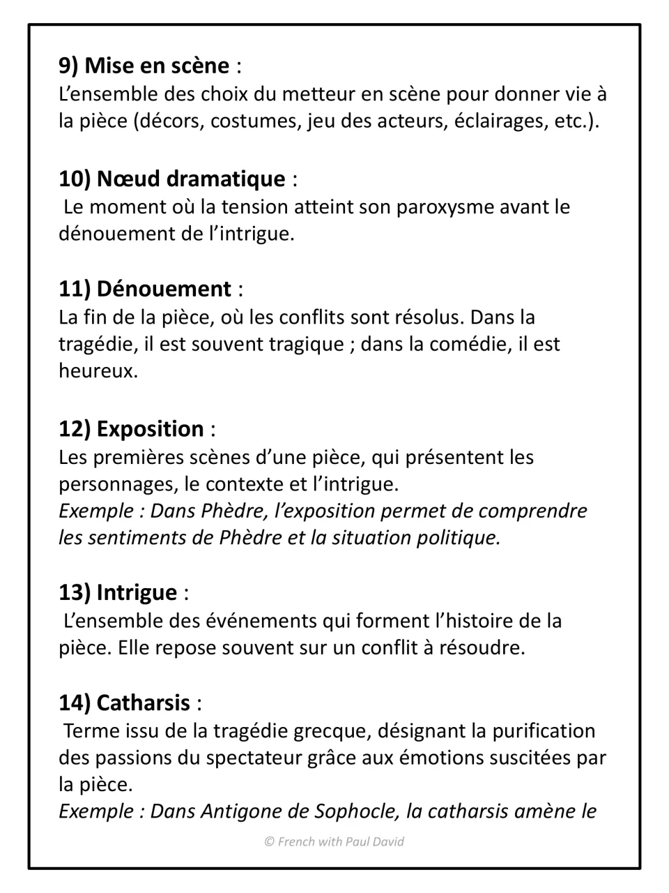 Theatre vocabulary, terms 9-14: mise en scène, nœud dramatique, dénouement, exposition, intrigue and catharsis explained
