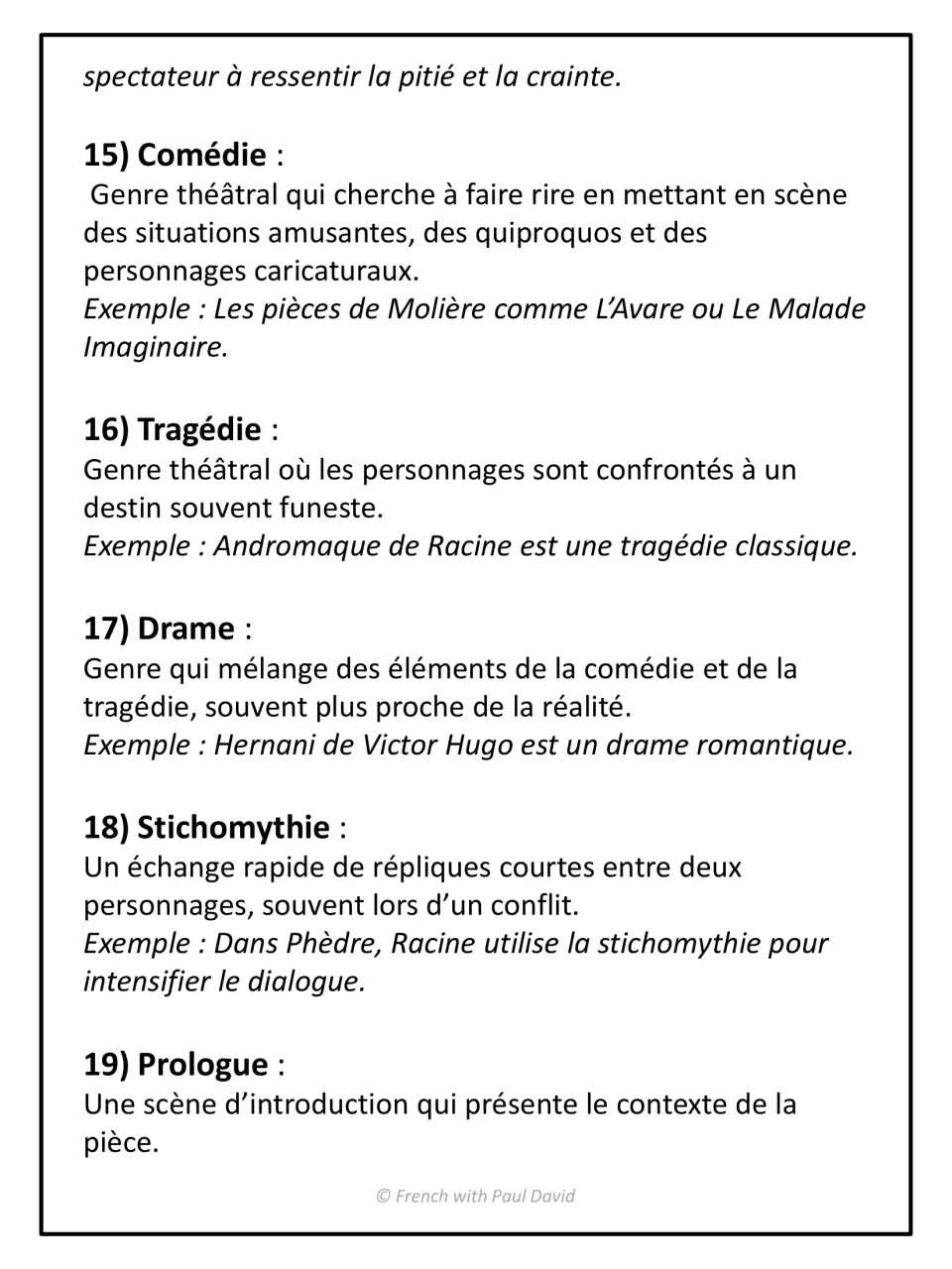 Theatre vocabulary, terms 15-19: comédie, tragédie, drame, stichomythie and prologue with French definitions and examples