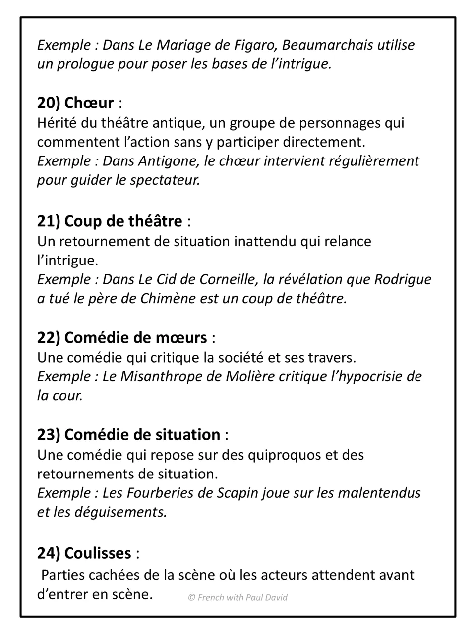 Theatre vocabulary, terms 20-24: chœur, coup de théâtre, comédie de mœurs, comédie de situation and coulisses, with examples