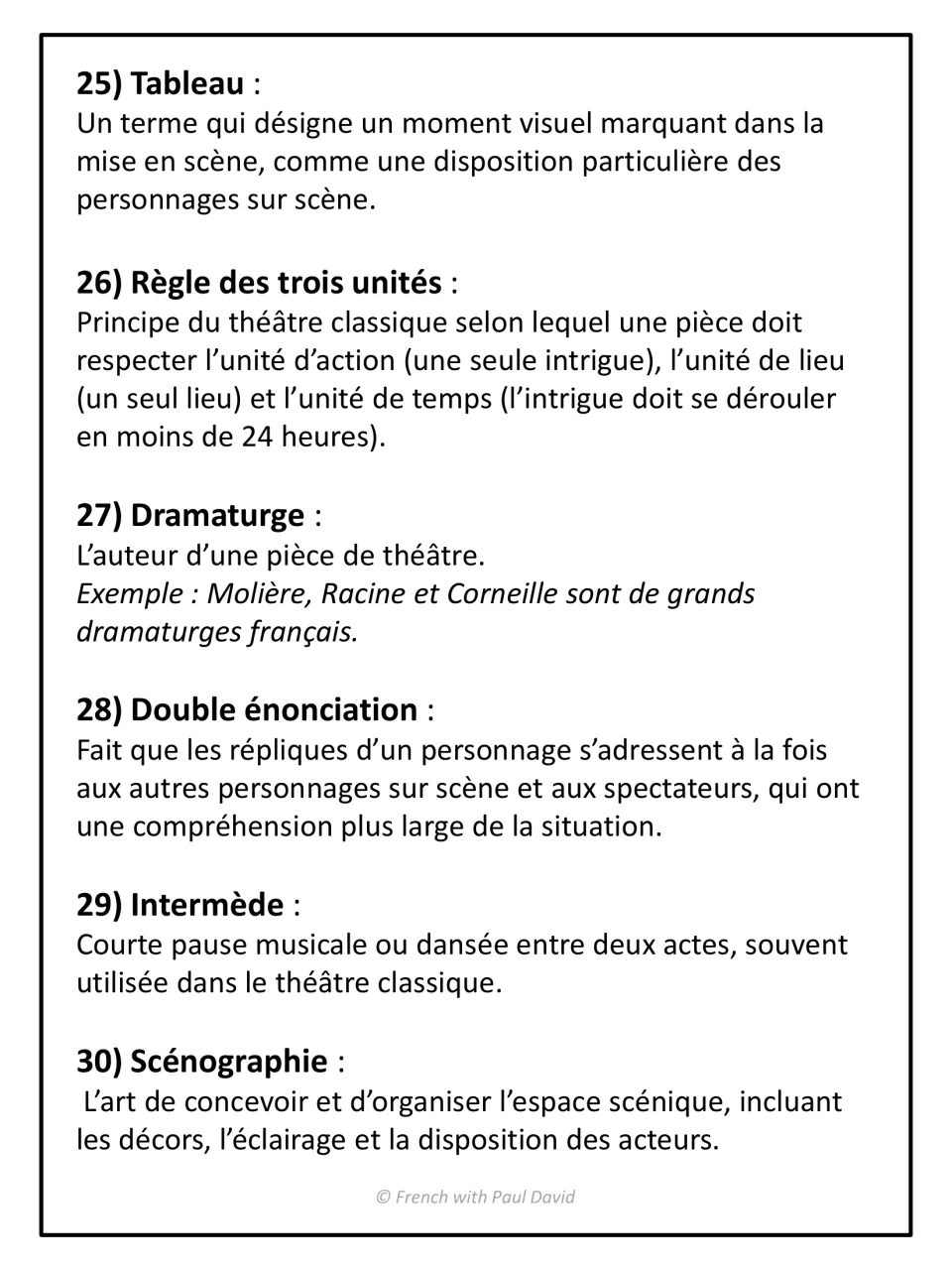 Theatre vocabulary, terms 25-30: tableau, règle des trois unités, dramaturge, double énonciation, intermède and scénographie