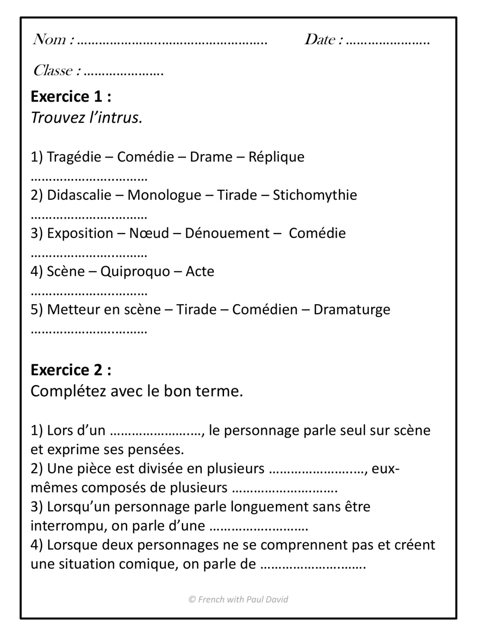 Theatre vocabulary practice: students find the odd one out in 5 word sets, then fill in 4 French sentences with a term