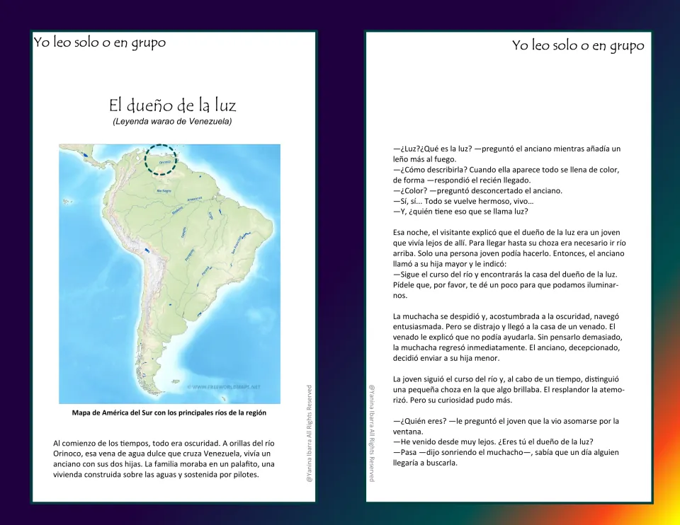 Opening folktale pages: a South America map and an elder's daughters searching for the owner of the light