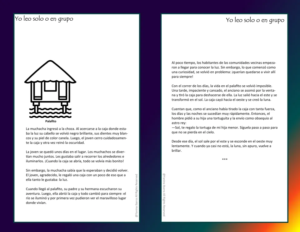 Final folktale pages: a palafito (stilt house), a gift of light, and the creation of the sun and moon