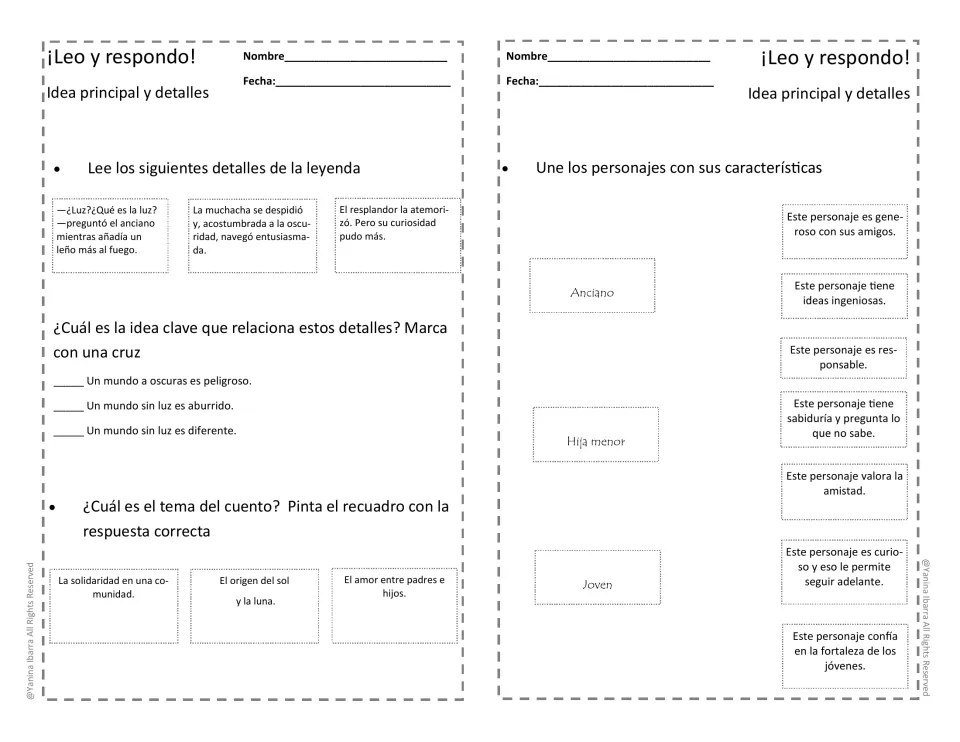 Main idea and detail activities ask students to identify the folktale's theme and match characters to traits