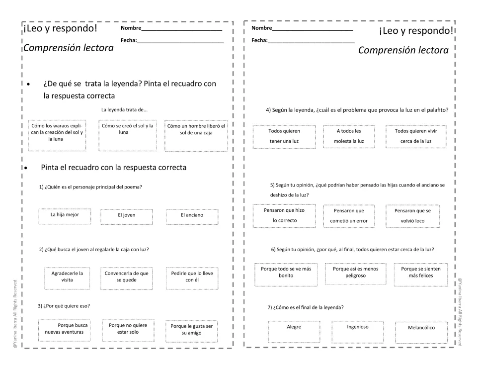 Reading comprehension questions explore the legend's subject, main character, gift of light, and ending