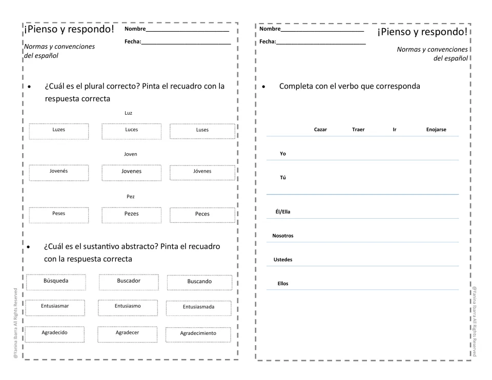 Spanish grammar practice covers plurals, abstract nouns, and conjugating hunt, bring, go, and get angry