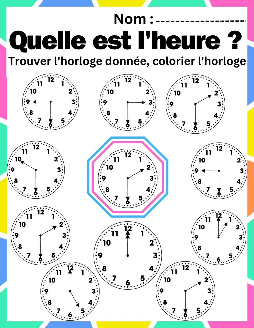 Telling time to the half hour in French: students color every analog clock that shows 2:30, the time on the center clock