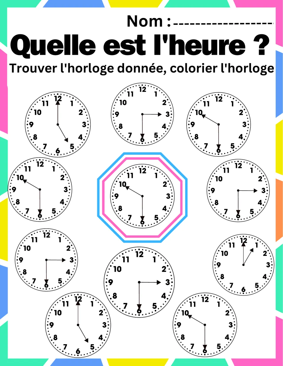 Half past ten clock match: students compare clocks with the 10:30 center clock and color each one showing the same time