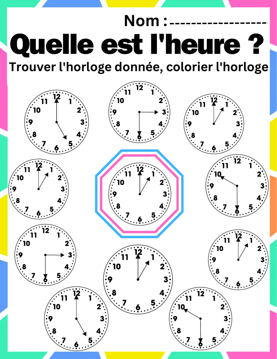 Reading o'clock times in French: students locate the clocks set to 1:00 like the center clock and color them