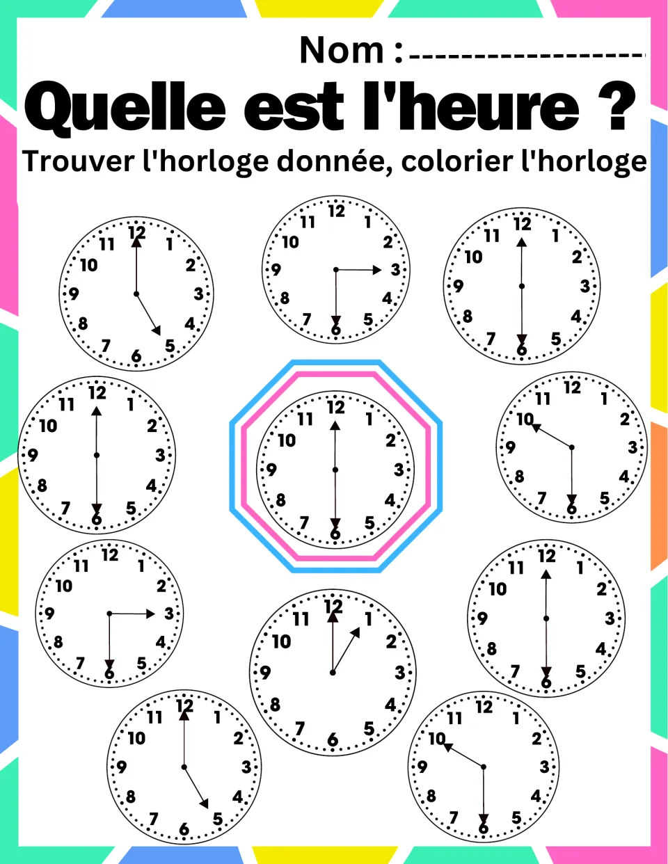 Half past twelve clock search: students find each clock face with hands at 12 and 6 like the center clock and color it