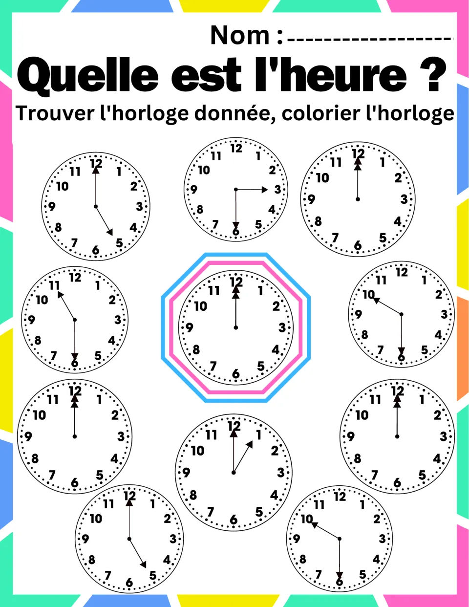 Twelve o'clock in French: students pick out the clocks with both hands on 12, matching the center clock, and color each one