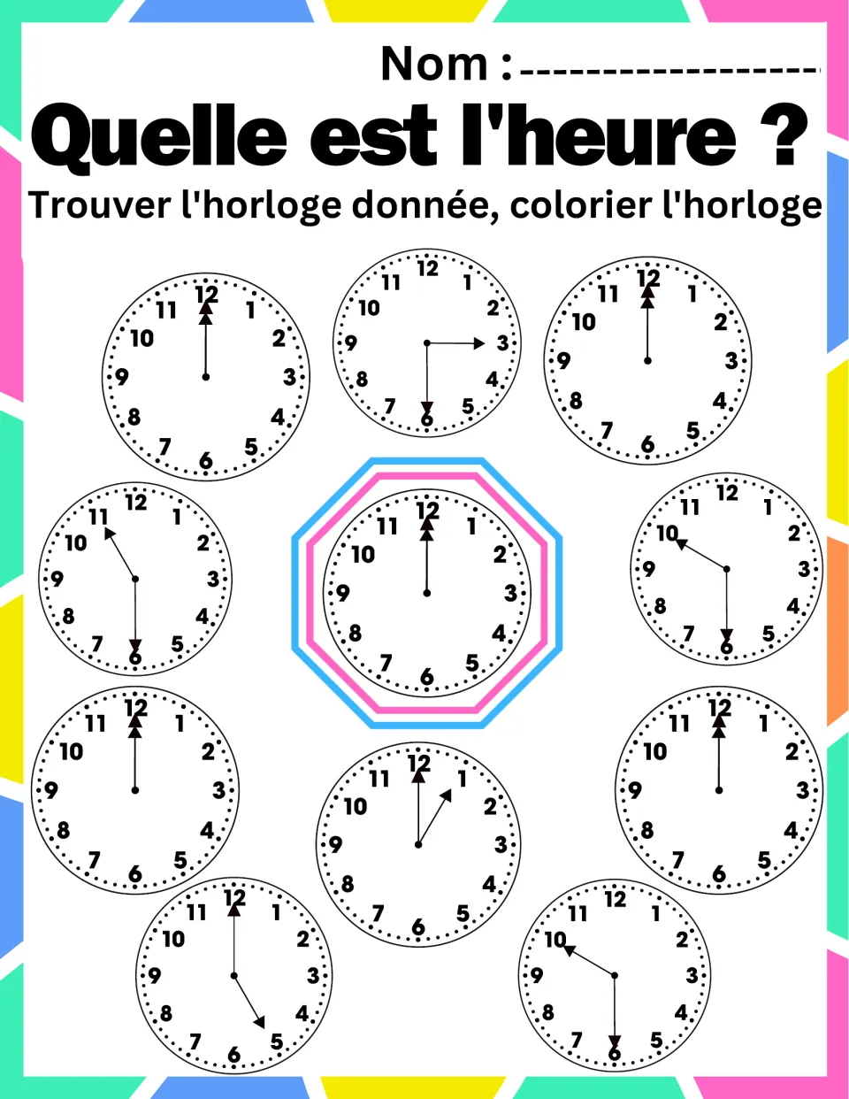 Clock matching for 12:00 among half-hour and 5 o'clock distractors: students color each clock identical to the center one