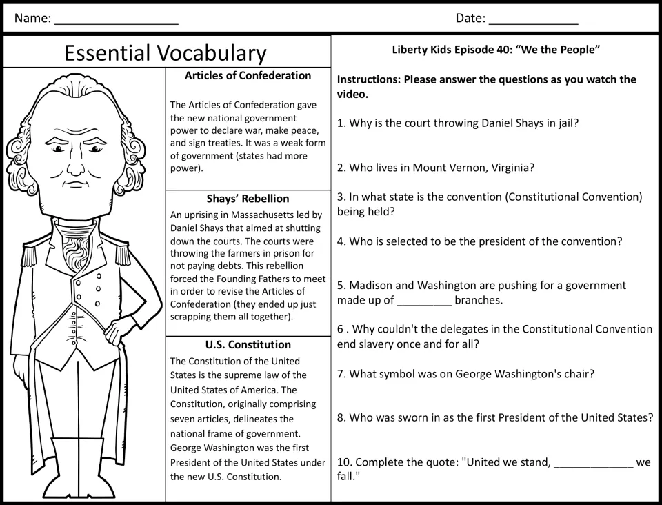 Road to the Constitution: students read vocabulary on Shays' Rebellion, then answer questions while watching the episode