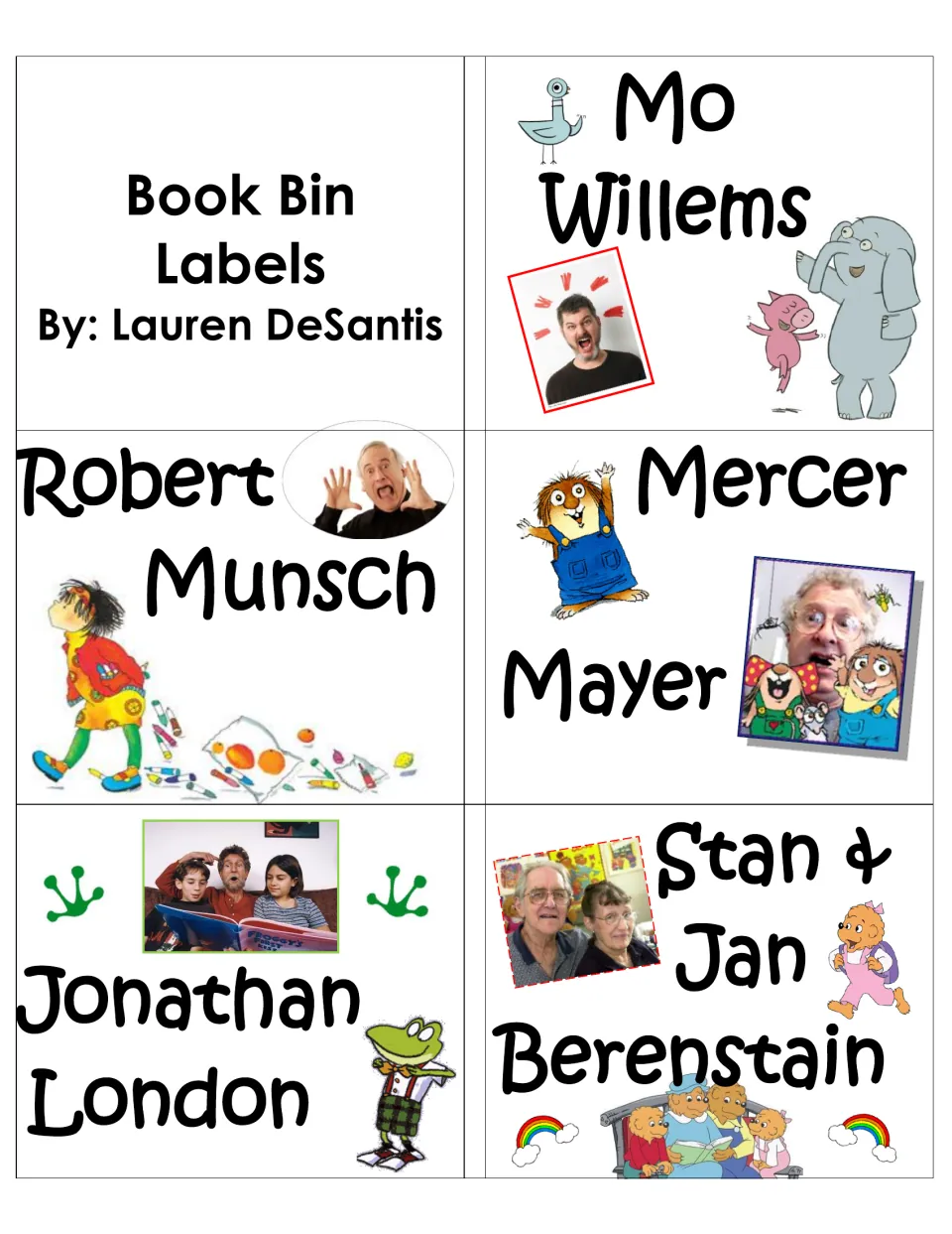 Book Bin Labels title card by Lauren DeSantis, then author labels for Mo Willems, Robert Munsch, Mercer Mayer and more