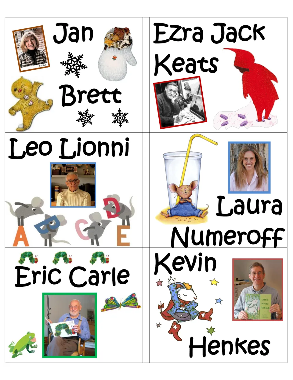 Author labels for Jan Brett, Ezra Jack Keats, Leo Lionni, Laura Numeroff, Eric Carle and Kevin Henkes with photos and art