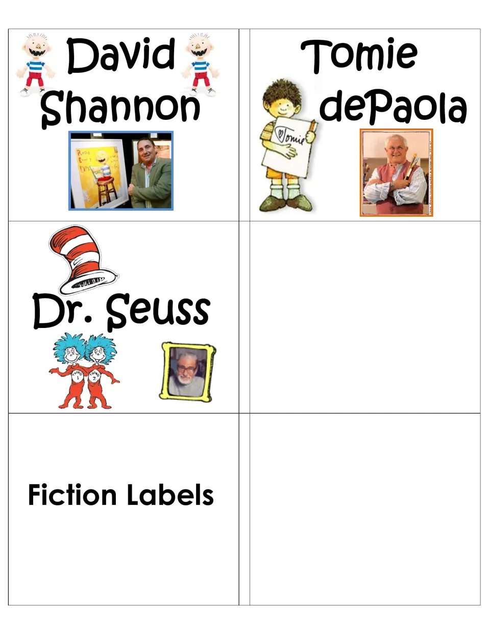 Author labels for David Shannon, Tomie dePaola and Dr. Seuss, plus a Fiction Labels divider card opening the genre set