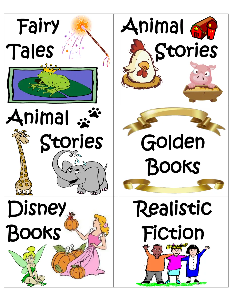 Fiction genre labels: Fairy Tales, two Animal Stories versions, Golden Books, Disney Books and Realistic Fiction