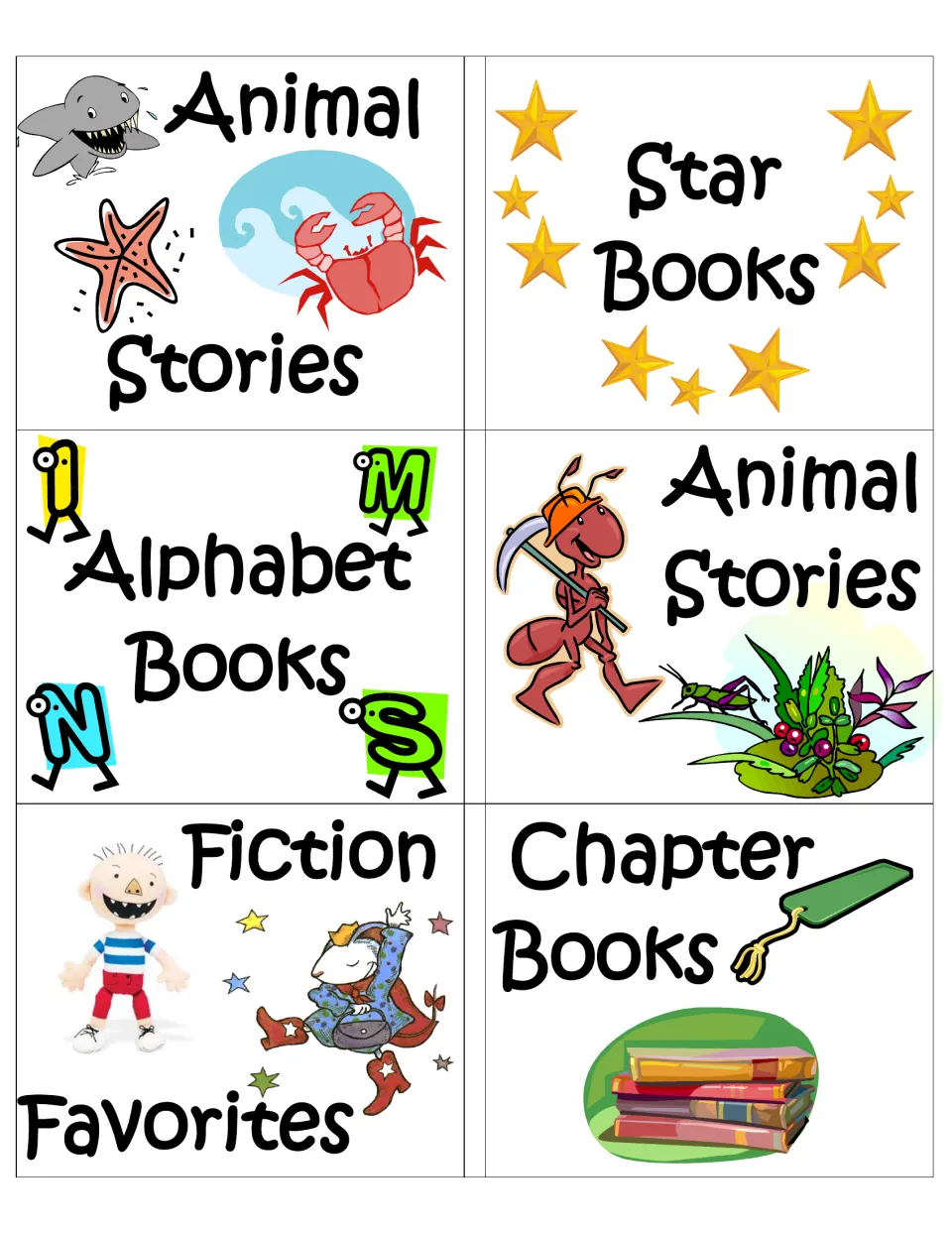 More fiction labels: Animal Stories in two designs, Star Books, Alphabet Books, Fiction Favorites and Chapter Books