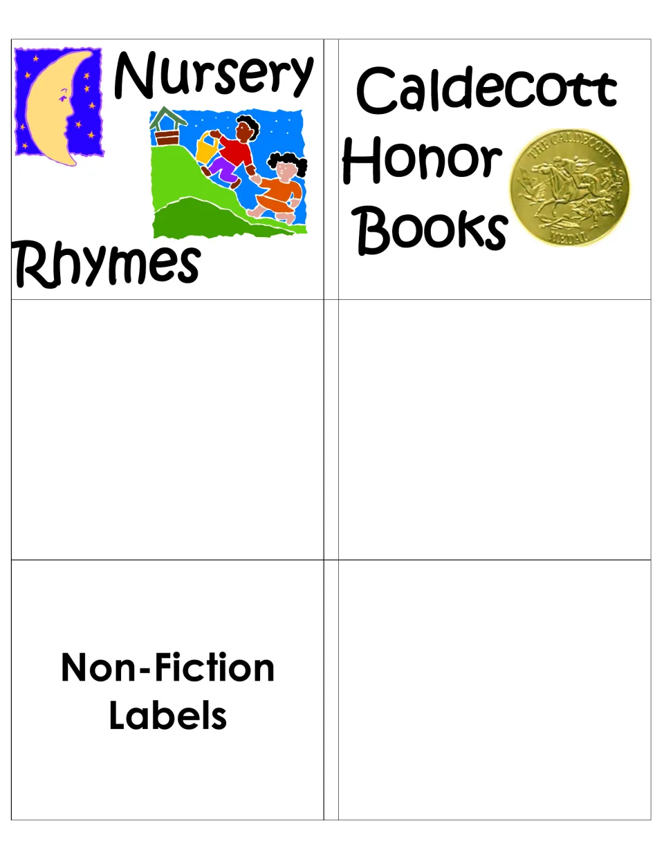 Nursery Rhymes and Caldecott Honor Books labels with moon and medal art, followed by a Non-Fiction Labels divider card