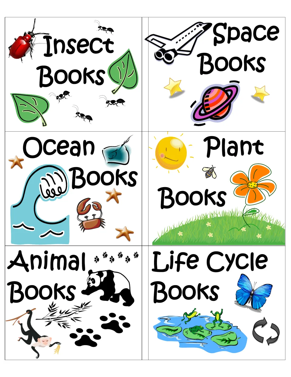 Nonfiction topic labels for Insect, Space, Ocean, Plant, Animal and Life Cycle Books, each with matching science clip art