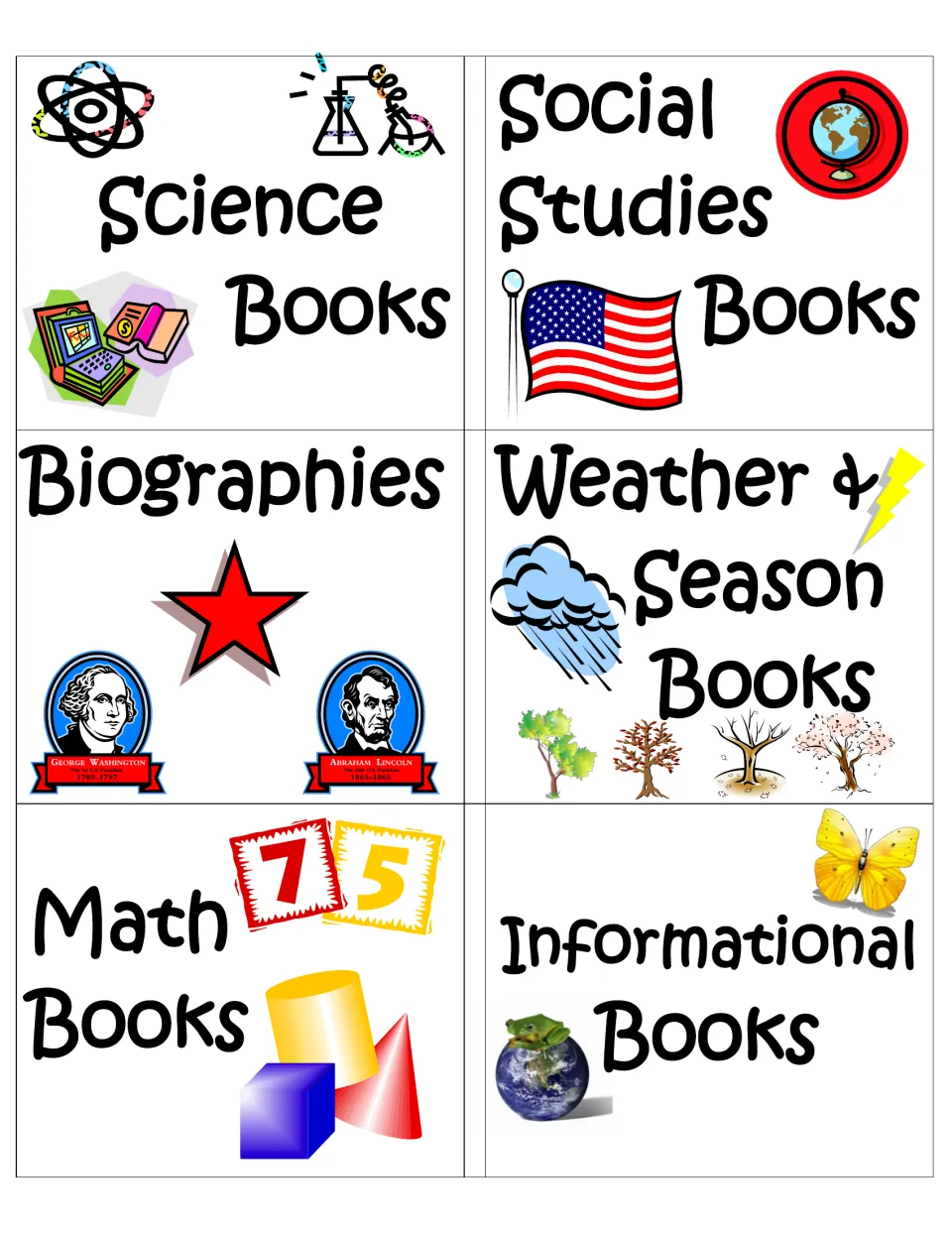Nonfiction labels for Science, Social Studies, Biographies, Weather & Season, Math and Informational Books with clip art