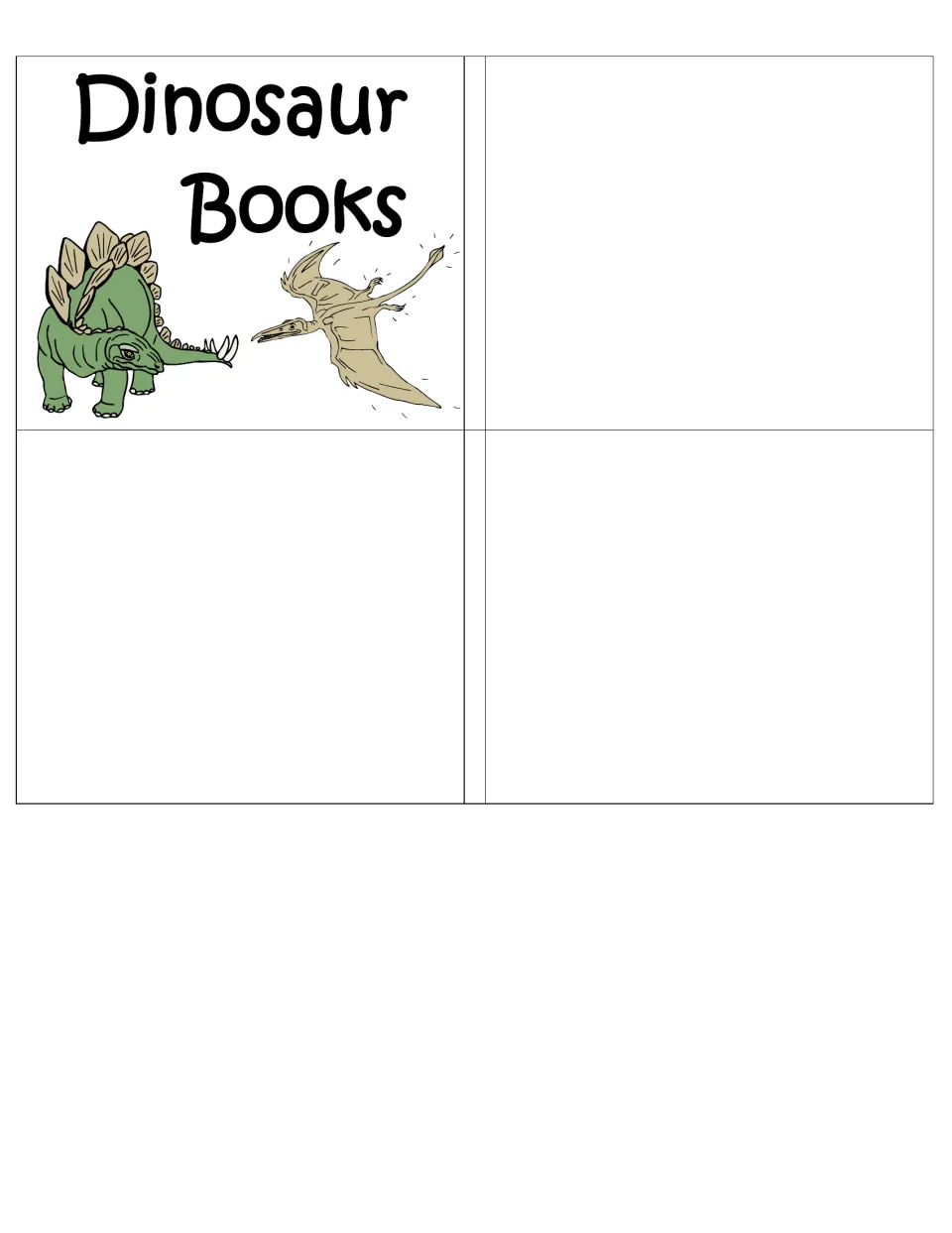 Dinosaur Books label showing a stegosaurus and pterodactyl, with three empty label spaces left on the sheet