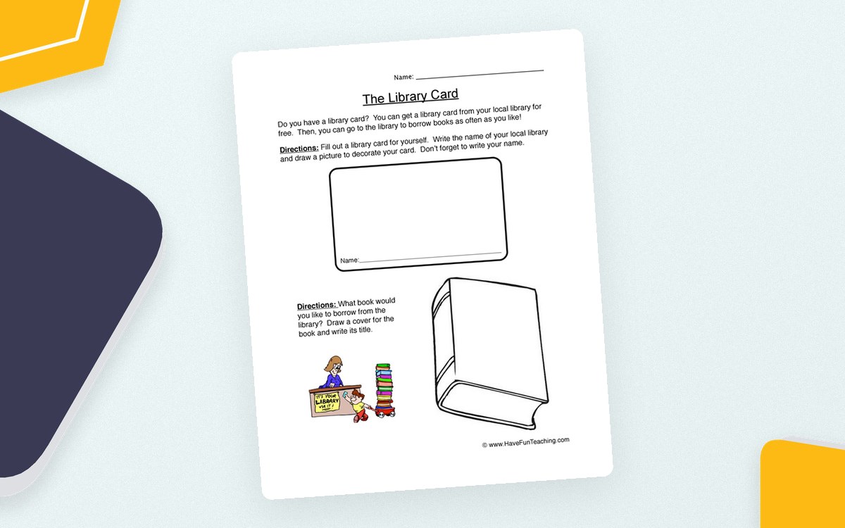 Library Card worksheet with an opinion-writing prompt, a large drawing box, ruled lines and a book illustration