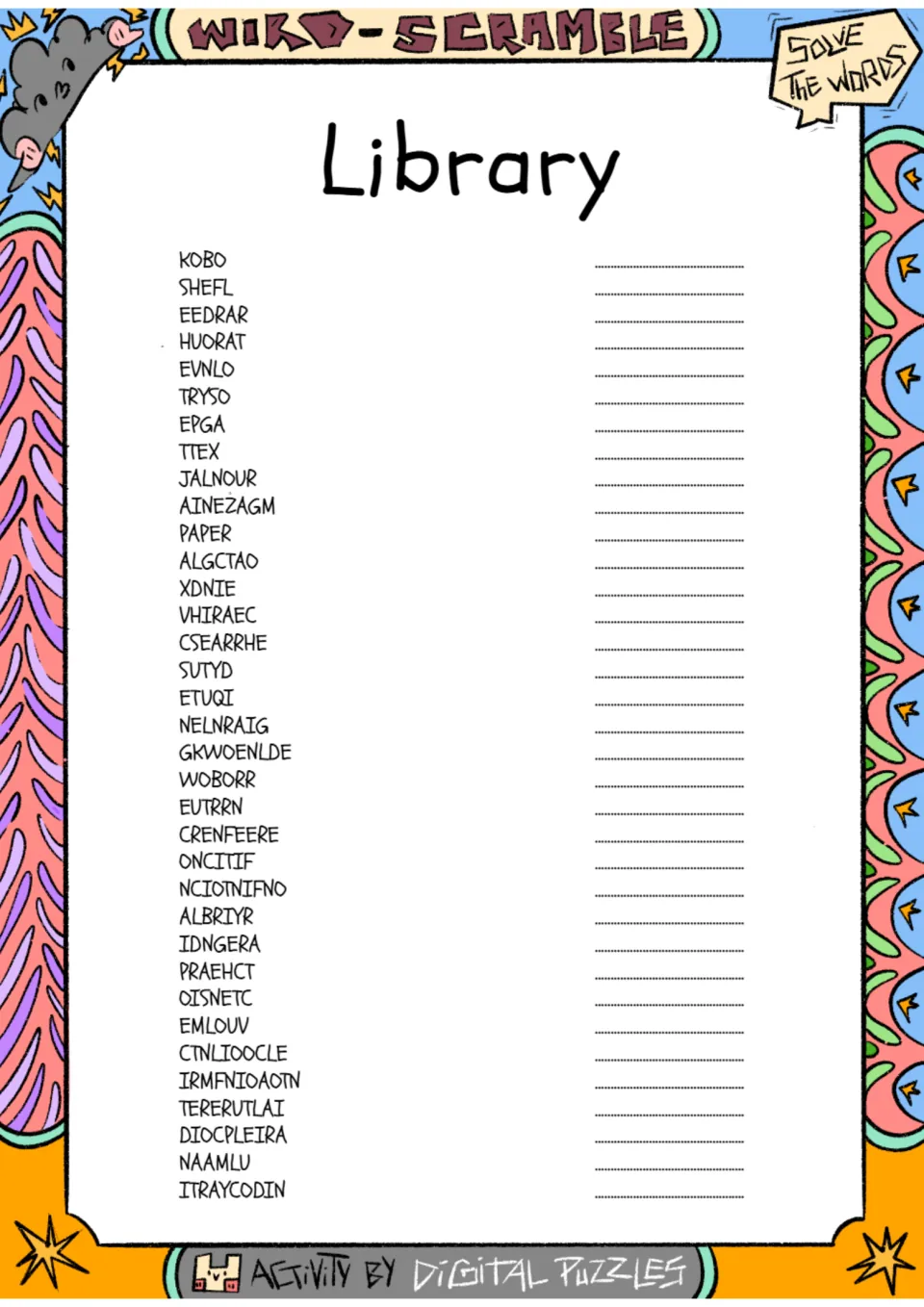Library word scramble: students unscramble 35 library words such as KOBO, SHEFL and HUORAT, writing each answer