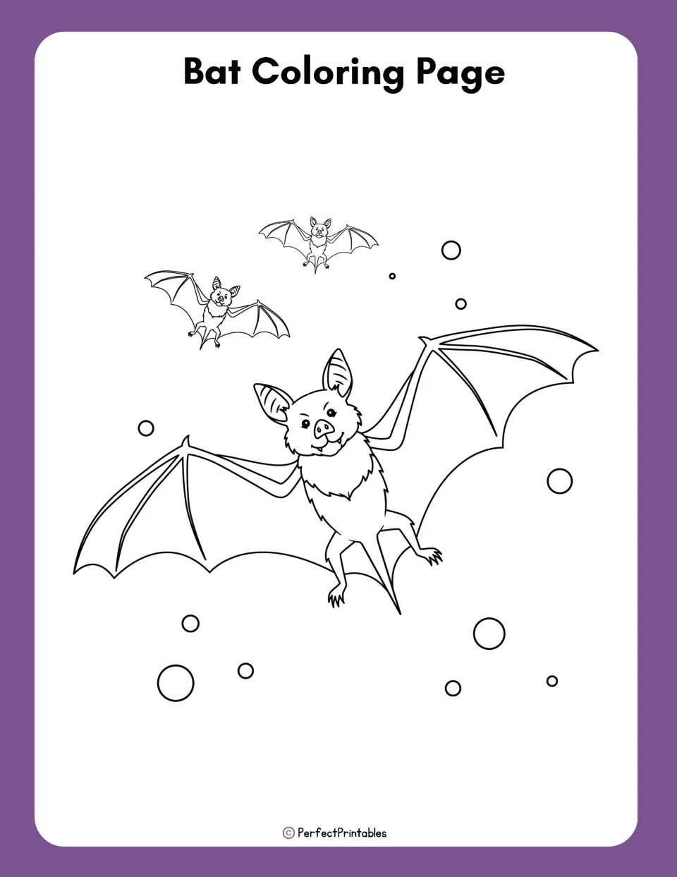 Bat coloring page: students color a large smiling bat with spread wings, two smaller flying bats and scattered circles