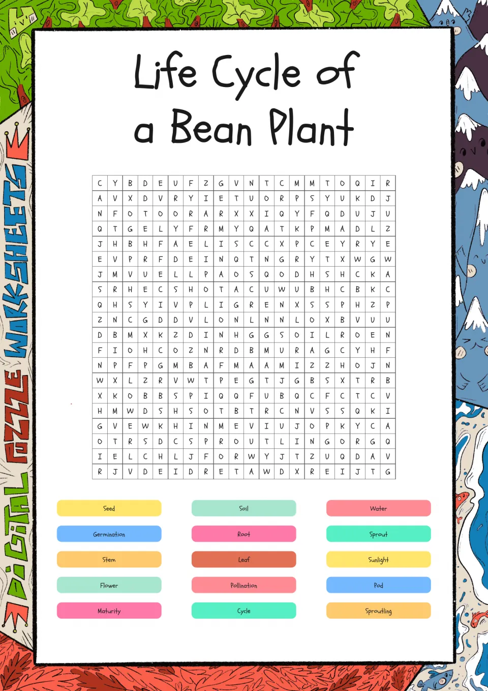 Bean plant life cycle word search: students find 15 terms such as seed, germination, root, pollination and pod