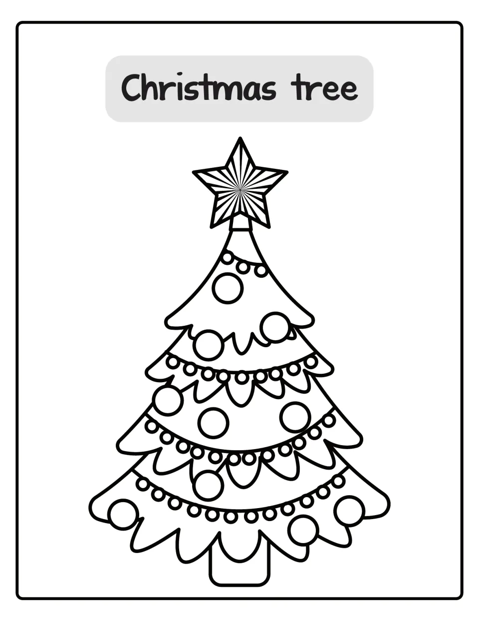 Christmas tree coloring poster, final stage: students color a decorated tree with a star topper, ornaments and garlands
