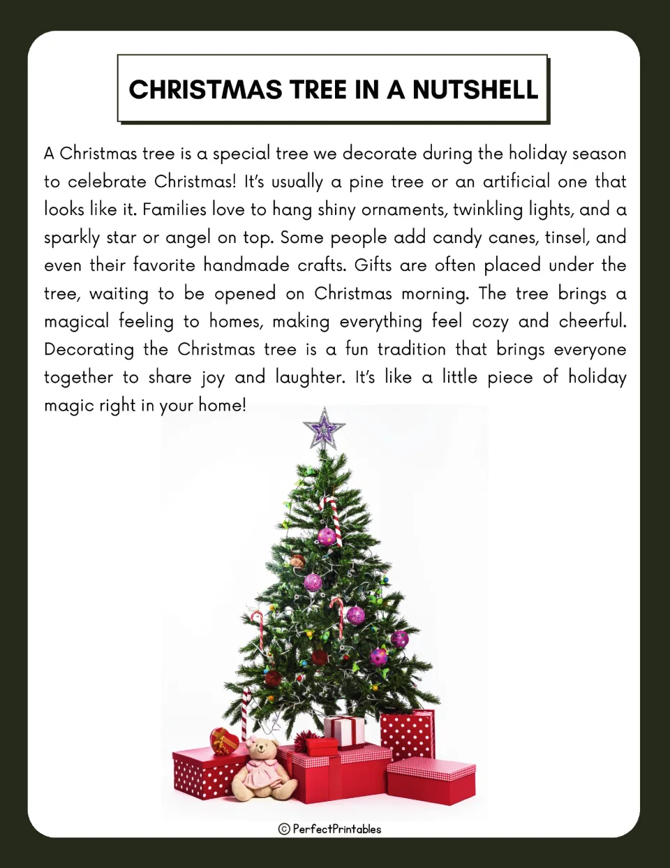 Introductory Christmas tree reading explains decorating traditions, ornaments, lights, and gifts under the tree.