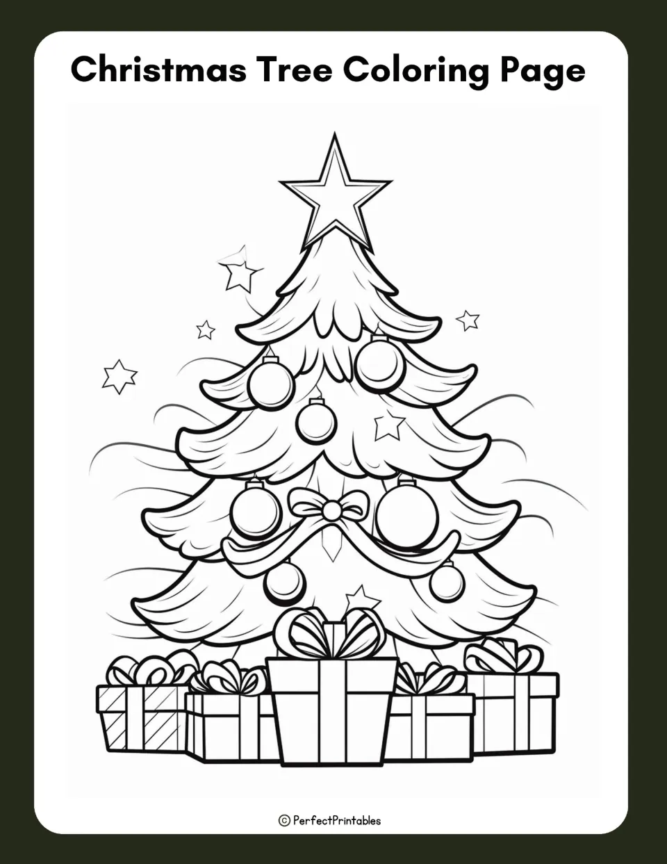 Coloring activity in the Christmas tree science pack shows a decorated tree with a star, ornaments, and gifts.