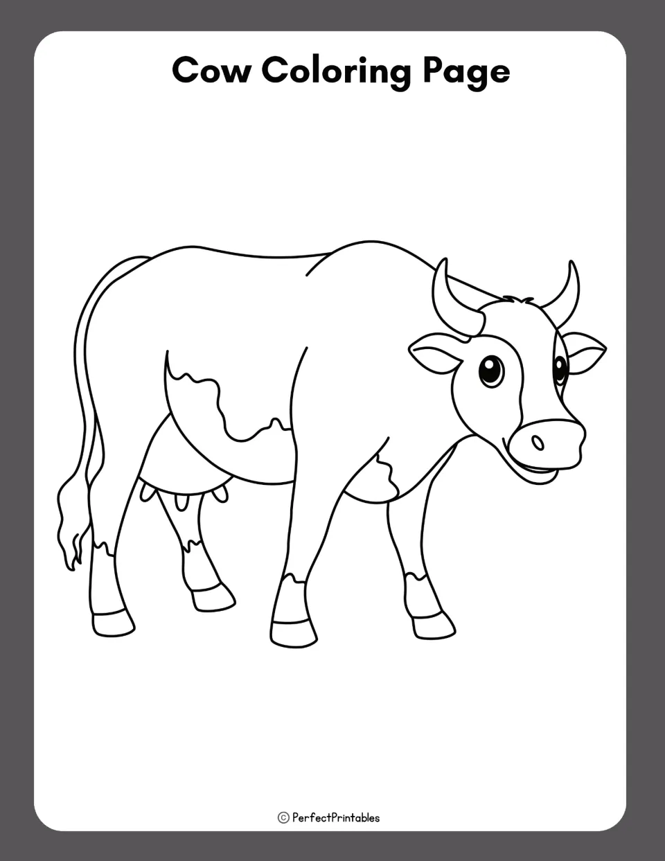 Cow coloring page completes the life cycle pack with an outlined cow showing horns, hooves, udder, and tail.
