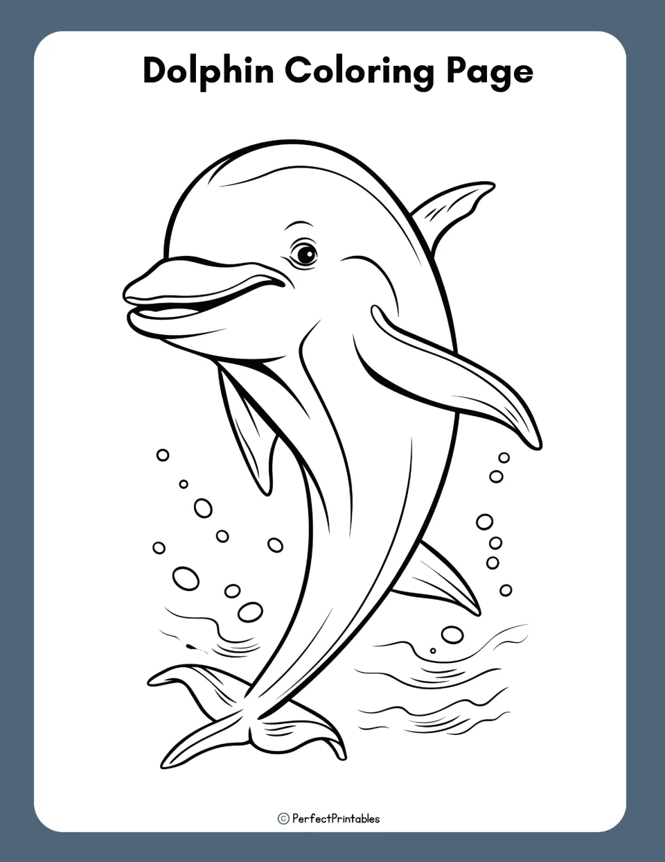 Dolphin coloring page: outline drawing of a smiling dolphin leaping from waves with bubbles around it for students to color