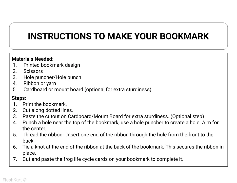 Bookmark craft instructions listing materials (scissors, hole punch, ribbon) and seven steps to cut, punch and tie it