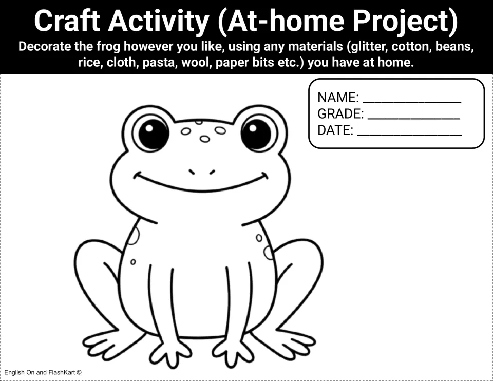At-home frog craft: students decorate a large frog outline using materials like glitter, cotton, beans, rice or pasta