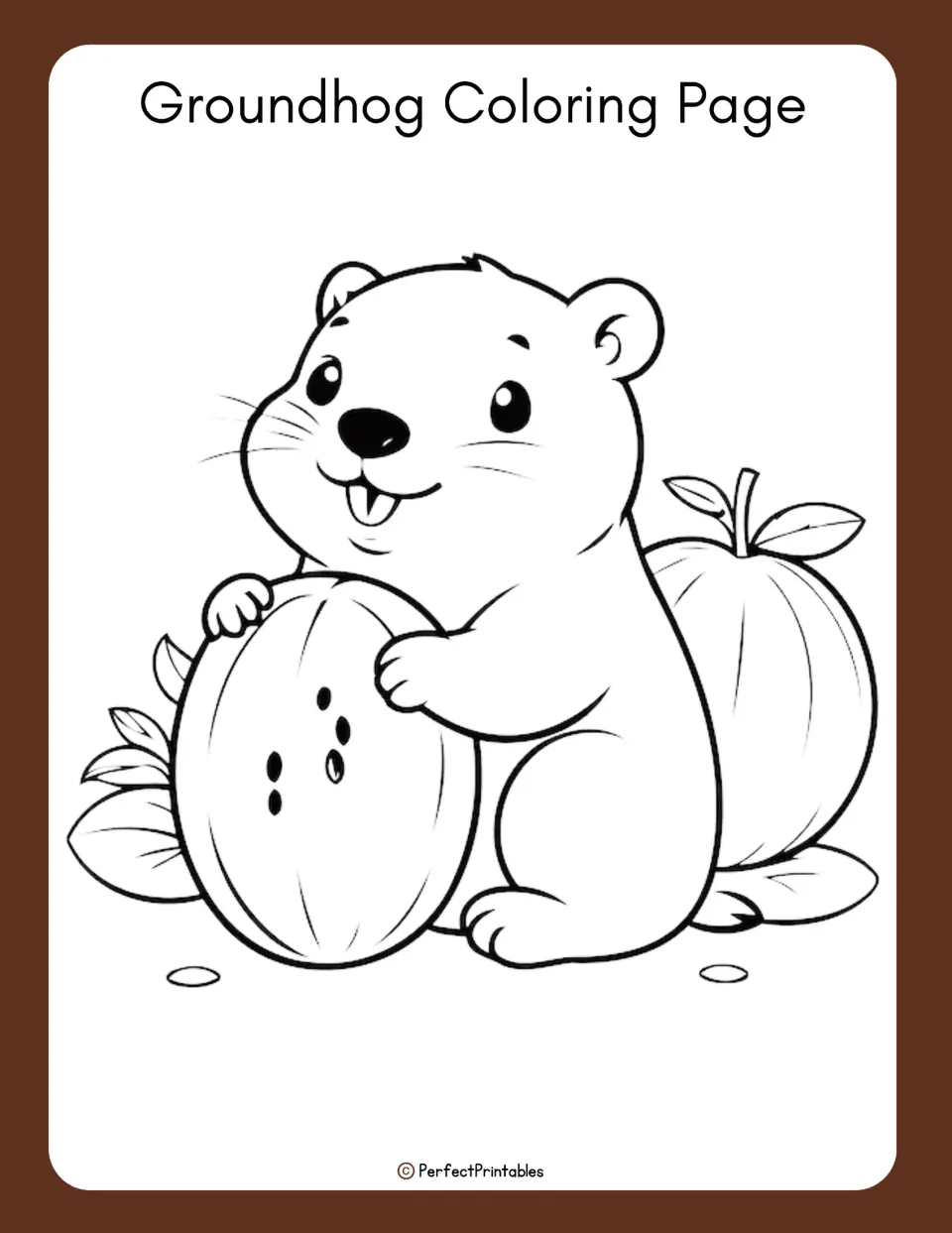 Coloring activity for the groundhog science unit shows a cartoon groundhog holding a fruit half beside fruit.