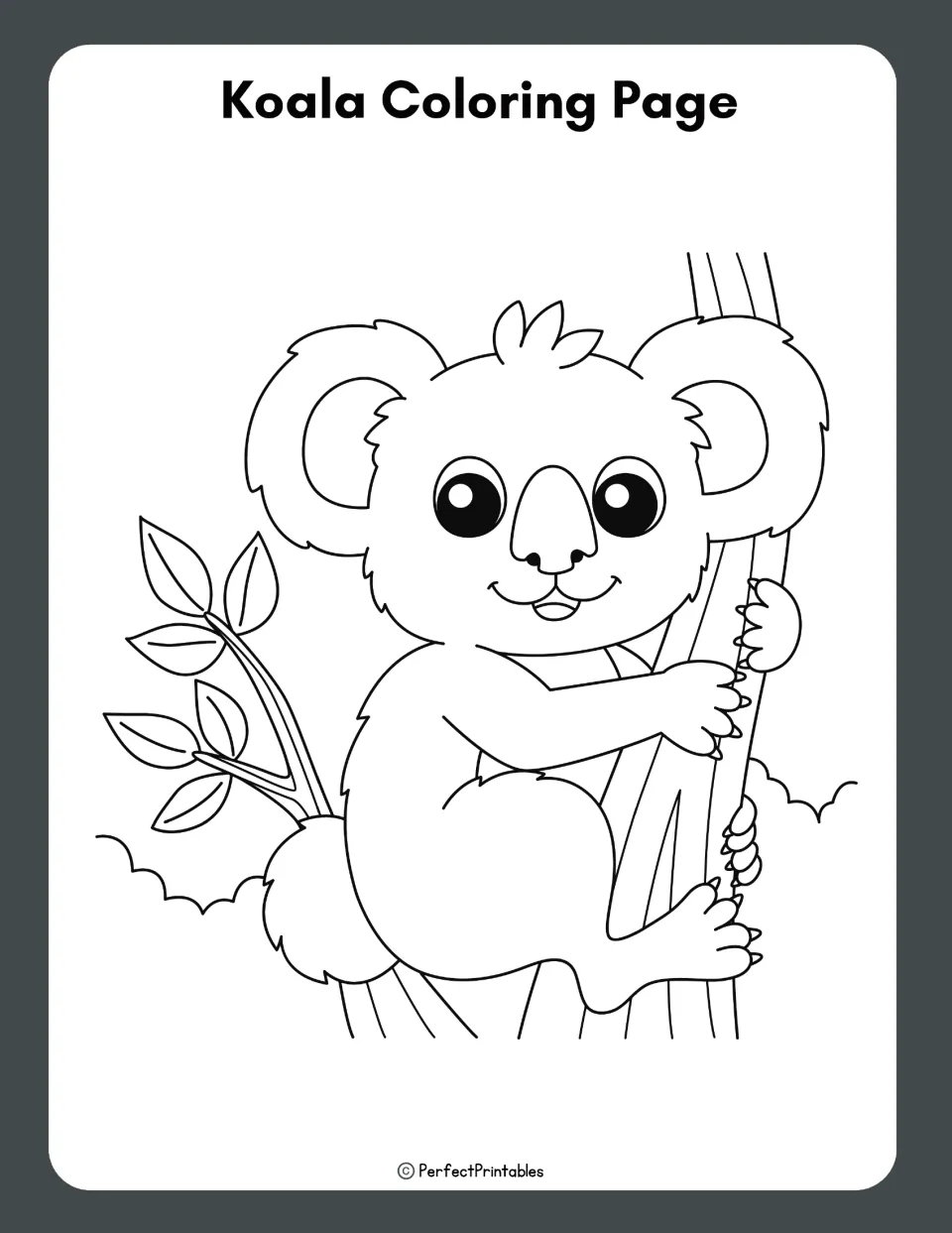 Koala coloring page: a smiling cartoon koala clinging to a tree trunk beside a leafy branch for students to color