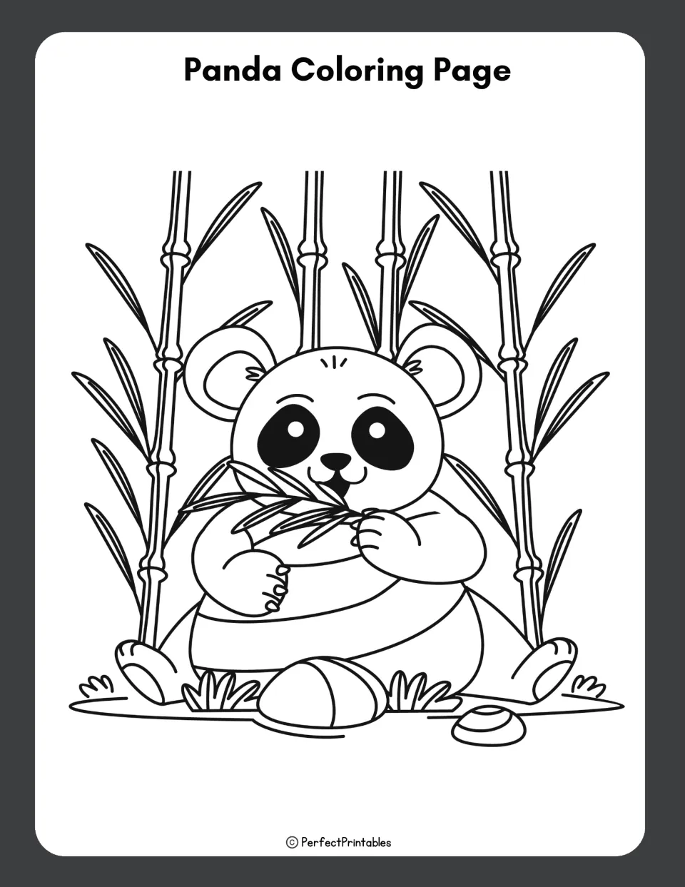 Panda coloring page: a line drawing of a panda eating bamboo leaves while sitting among tall bamboo stalks and grass