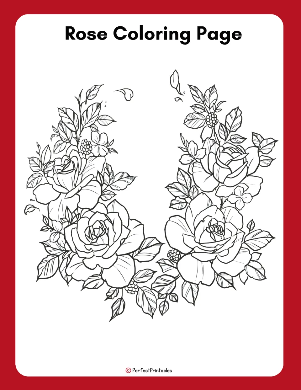 Rose unit coloring page featuring four large rose blossoms surrounded by leaves and smaller flowers.