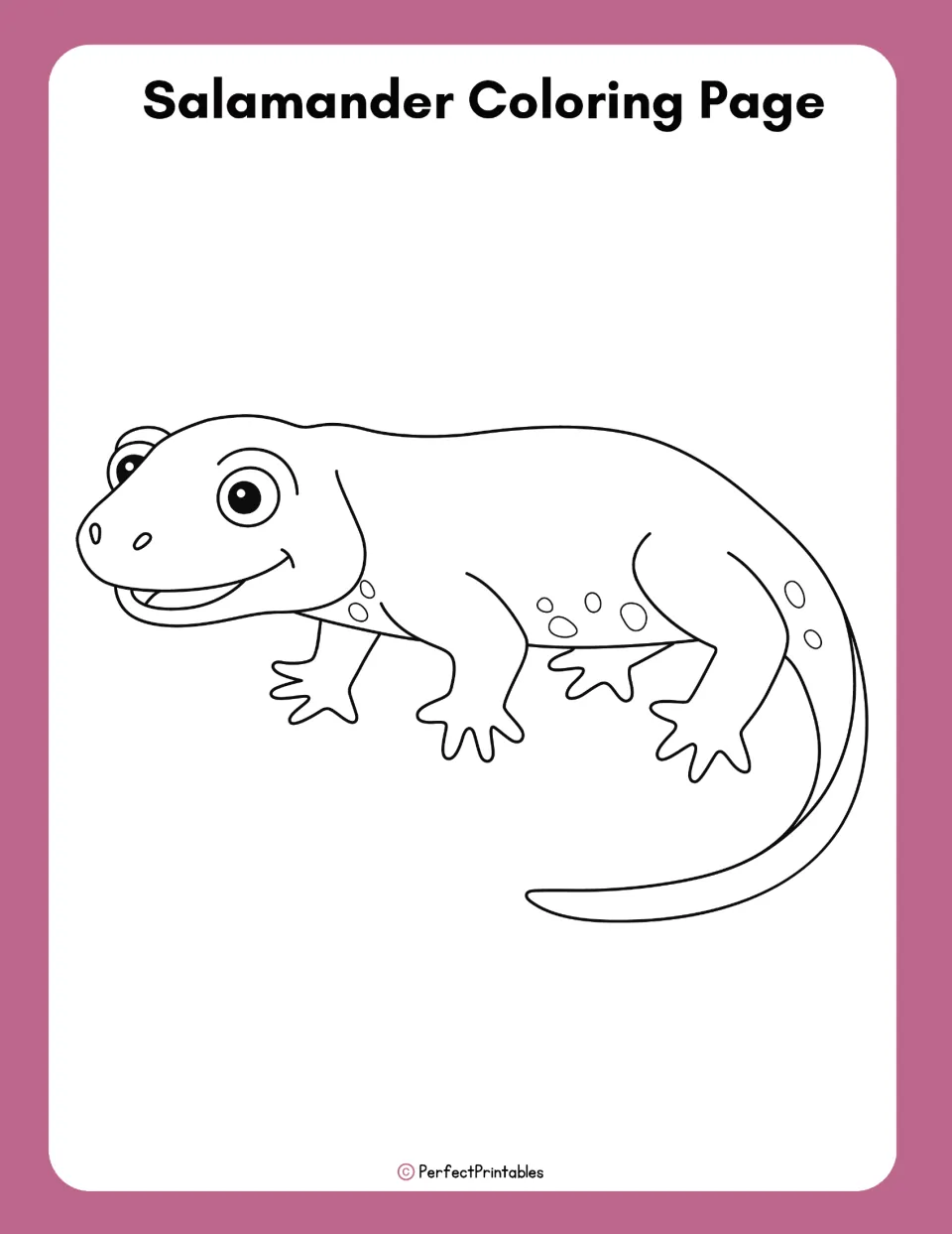 Salamander coloring page: students color a large outline drawing of a smiling spotted salamander