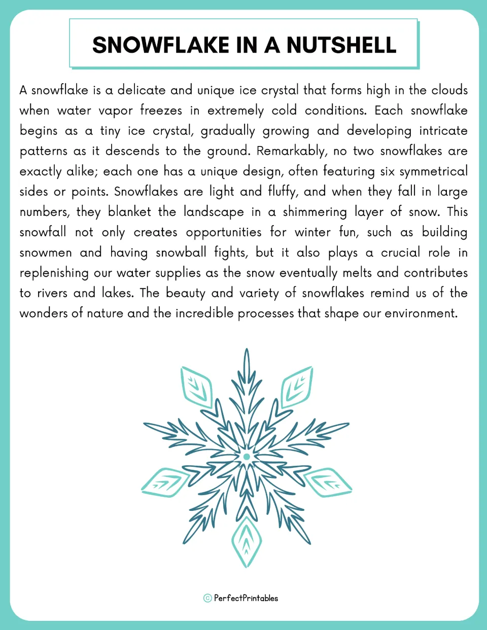 Snowflake in a Nutshell: a reading passage on how ice crystals form in clouds, grow six sides and fall as snow