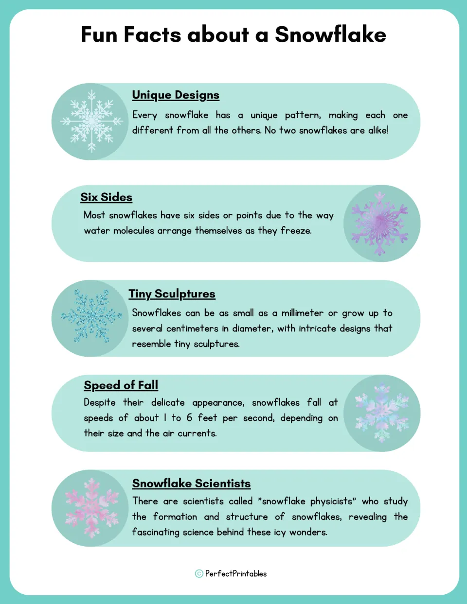 Fun facts about snowflakes: notes on unique designs, six sides, tiny sculptures, speed of fall and snowflake scientists