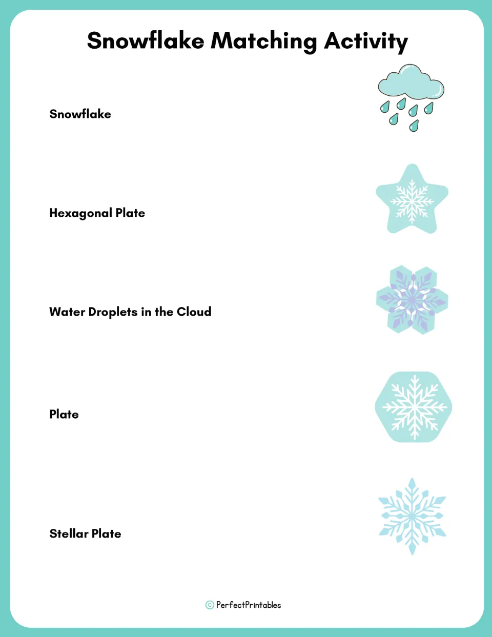 Snowflake stage matching: students connect each life cycle stage name, such as stellar plate, to its picture