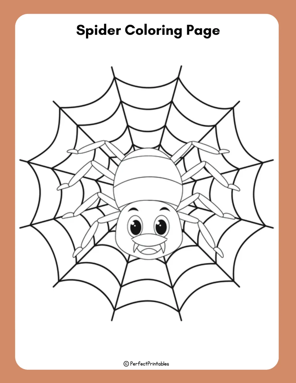 Spider coloring page: students color a smiling cartoon spider sitting in the center of its web
