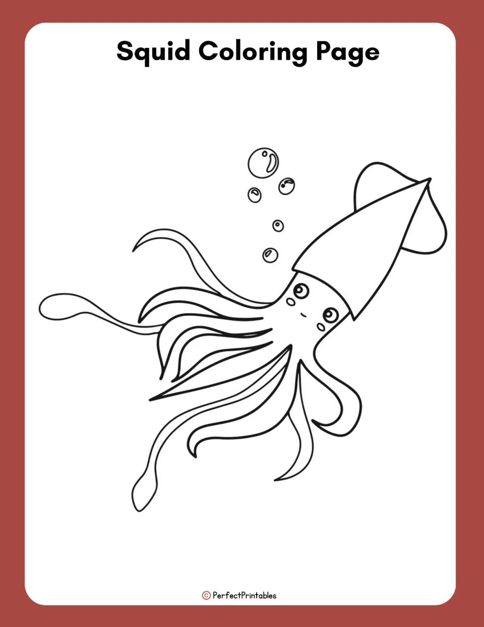 Squid coloring page: students color a cartoon squid with fins, big eyes, long arms and bubbles rising nearby