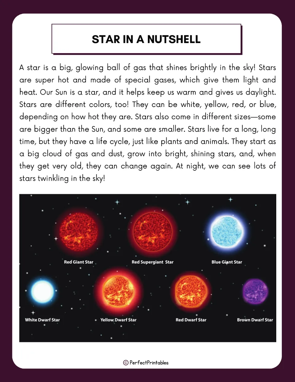 Star in a Nutshell: short reading on what stars are, with labeled pictures of red giant, blue giant and dwarf stars